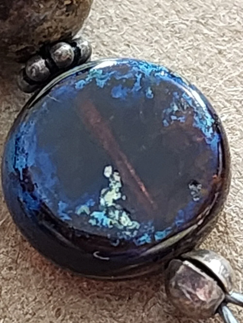 Artisan Handmade Dichroic Glass& Natural Stone Bracelet Sterling Silver 925 6.5